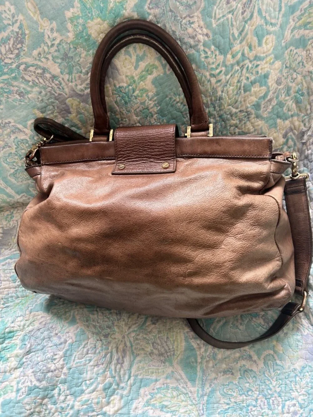 Tory Burch Large Brown Leather Double Handle Satchel Crossbody Bag